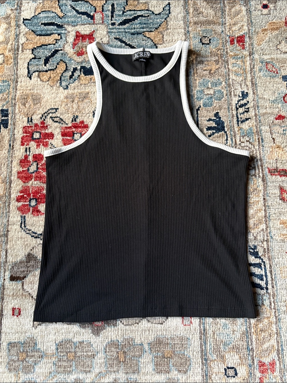 J. Crew Black Ribbed Tank with White Trim Sz L